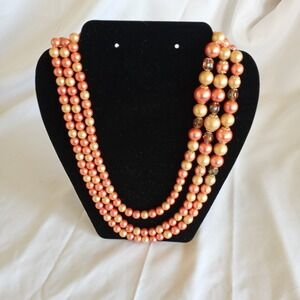 Necklace Faux Pearl Beaded Peach Cream Gold Tone 3 Strand Box Clasp Vintage